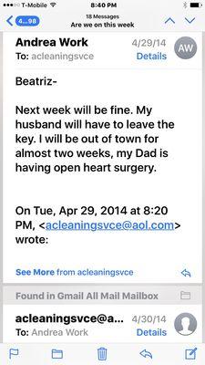 Here are the emails, where I let Beatriz know I would not be here. Also, the one where I let her know something was broken.