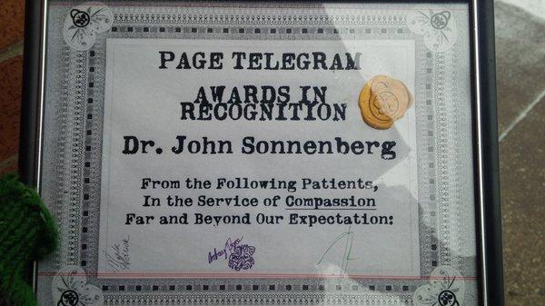 Award given signed by three of us to John Sonnenberg in early 2016.