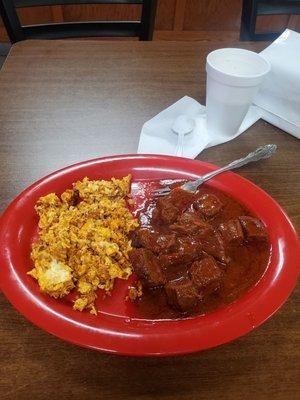 Huevos con chorizo and red beef stew. First time here, and $17 bucks for breakfast is WAAAYYY TOO MUCH !