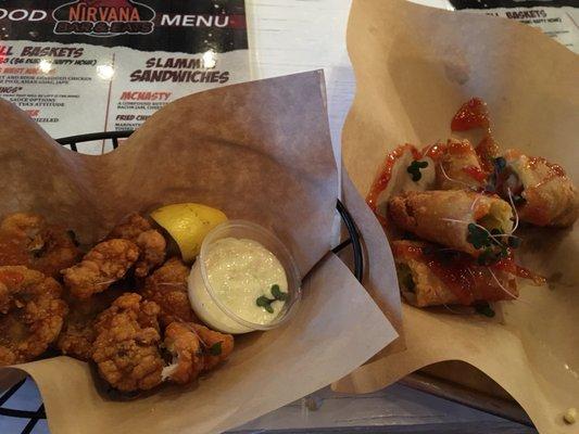 Catfish bites + vegetarian egg rolls