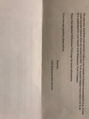 After I sent their paperwork back to move my money to Vanguard, they sent this letter saying they didn't have to and were now moving it here