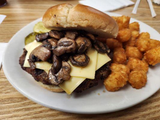 Bliss swiss burger with tater tots