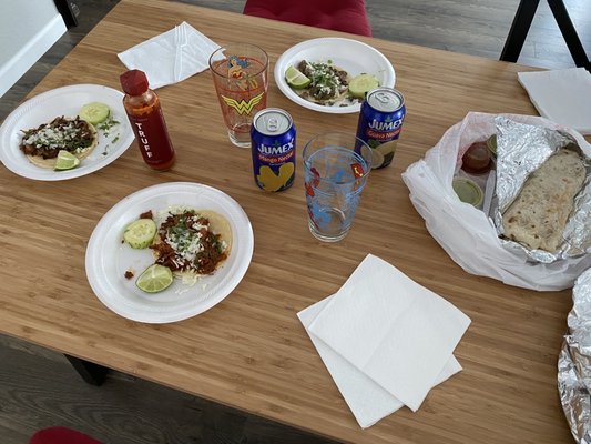 Tacos (adobada, carnitas and asada), lengua burrito, Mango and Guava juice-delicious!