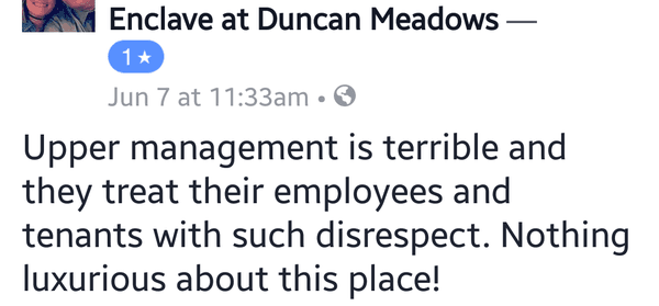 Facebook review from a tenant at the Enclave at Duncan Meadows in Brunswick, NY