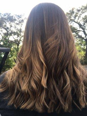 Dark Blonde Ombré with loose curls done by Lisa.