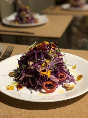 Vegan Salad: Shaved Cauliflower, Red Cabbage, Peanuts, Red Chiles & Spicy Peanut Vinaigrette