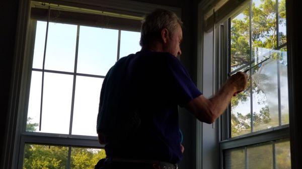 For most tilt-latch windows, the outside bottom pane must be cleaned from the inside. Phillip is extremely careful inside customers' homes.