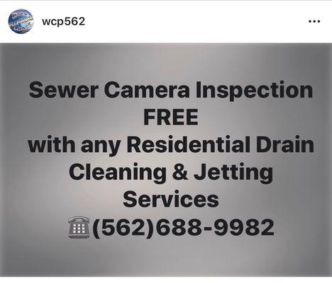 Coming Up for the month of March 2020, Sewer Camera Inspection is Free with any Jetting Services call us and book your appointment!