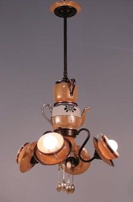 Another creative kitchen ware light, this time with old lusterware.  "Peaches and Cream"