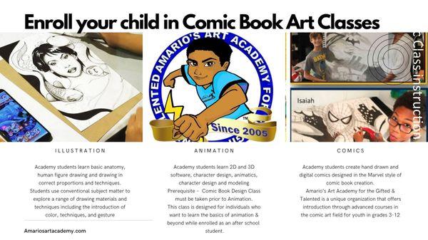 Amario's Art Academy program flyer.