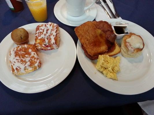 Strudel, french toast, eggs, biscuit