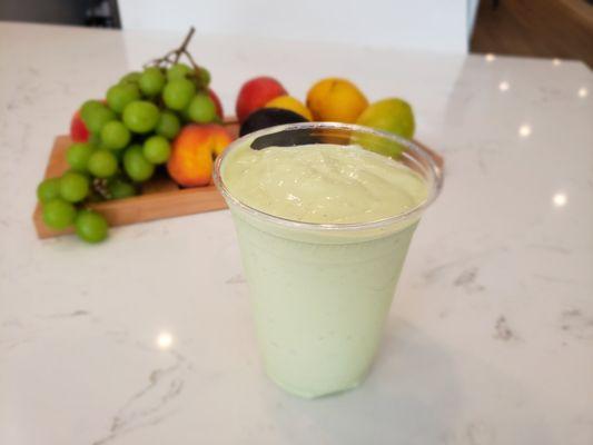 A creamy banana-avocado-yogurt smoothie.