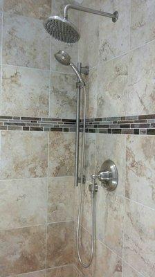 Custom walk-in shower with 24" hand-held and rain head.