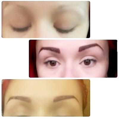 Before, after the procedure, and a week after the brows has healed!