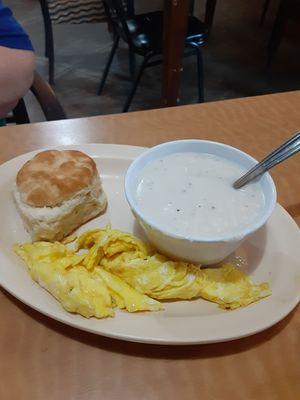 Scrambled eggs, biscuit and gravy