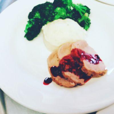 Pork loin with a blueberry sauce, Gorgonzola mashed potatoes and broccoli