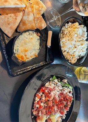 Spinach artichoke dip, Truffle popcorn, Rustic Wedge salad, yum!