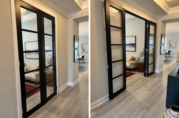 This doorway had pocket doors which we replaced with these beautiful matte black French doors that provide a much more modern & sleek look!