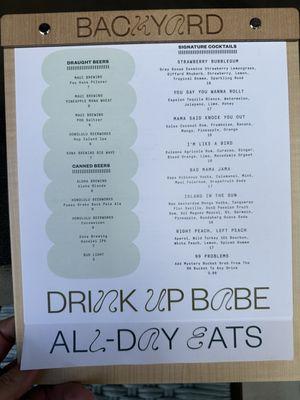 Drink menu. Food on page two.