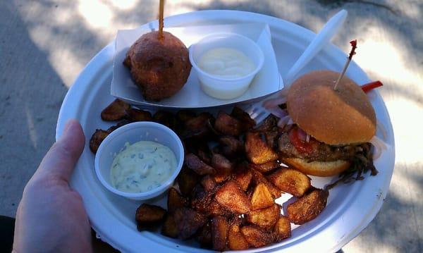 El toro slider, chorizo corn dog, fries and Herbed dipping sauce.