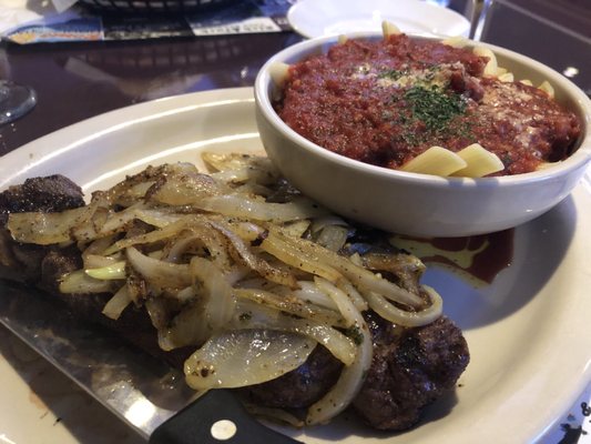 12oz NY strip with a side of pasta. Its huge!