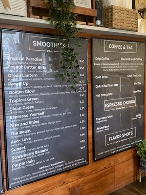 Smoothie and coffee menu