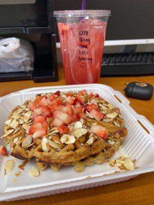 Strawberry cheesecake waffles and strawberry mojito refresher