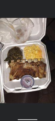 Ribs, turnip greens, Mac and cheese