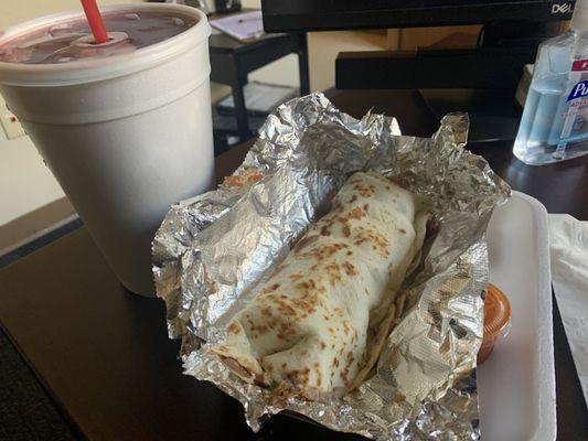 Breakfast burrito with Jamaica agua frescas