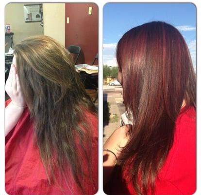 Before and after of a beautiful rich red with a fresh cut.