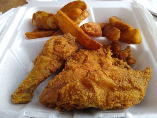 Two-piece fried chicken snack (mixed) includes one side for $5.69 plus tax.