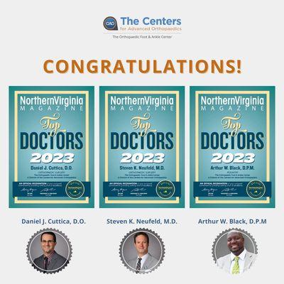 Congratulations to our doctors Daniel J. Cuttica, D.O, Steven K Neufeld, M.D, and Arthur W Black, D.P.M for being named top doctors 2023!