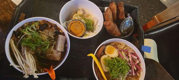 Veggie Ramwn, Poek Ramen, Dumplings and Spring rolls.