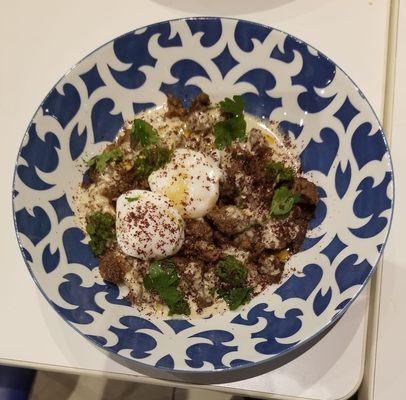 Ground beef,sumac,tahina egg