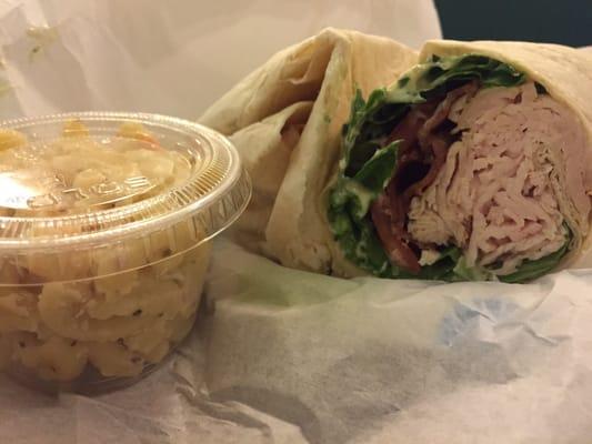 Roasted turkey wrap includes mac salad