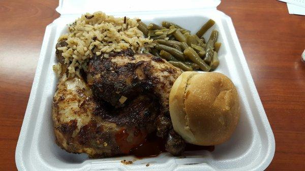 BBQ Jerk Chicken witn rice, green beans and a roll