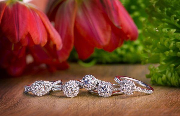 A selection of diamond halo engagement rings.