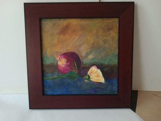 This still life goes perfect with a wide 2 1/4" mahogany frame!