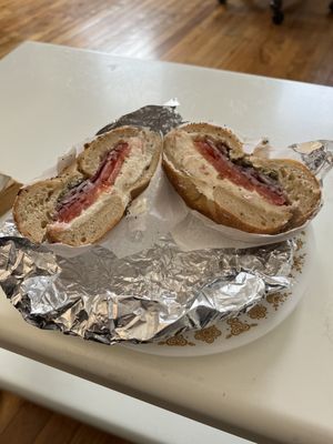 my brother's Lox Spread on a Bagel which was tasty and dirt cheap