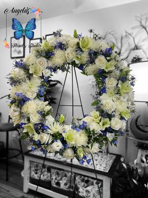 Blue and white sympathy wreathe