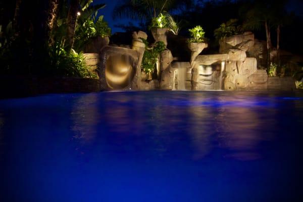 Custom swimming pool with waterfalls.