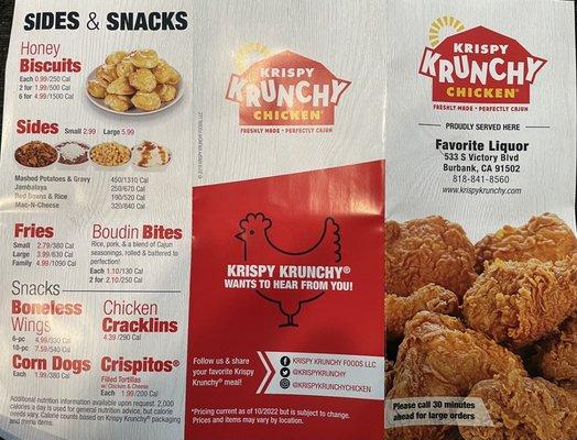 Krispy Krunchy Chicken menu from their deli