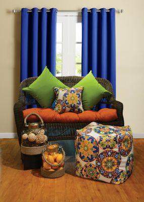 Outdoor Poufs, pillows, curtains and lanterns