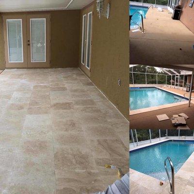 Travertine marble around a pool deck....