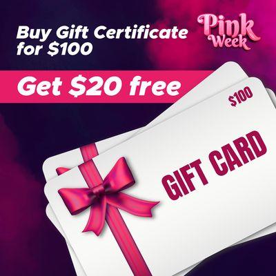 Moon Shine Tanning, Pink Week 11/20/23 - 11/26/23. Buy a $100 Gift Certificate and get a $20 Gift Certificate Free.  https://www.facebook.co