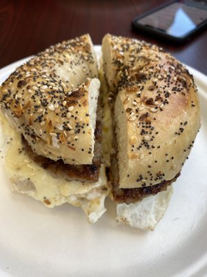 Sausage egg and cheese on everything bagel. Amazing