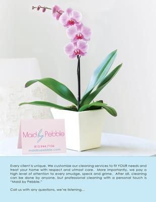 Maid by Pebble - Our new flyer!!
Visit our website:  www.maidbypebble.com