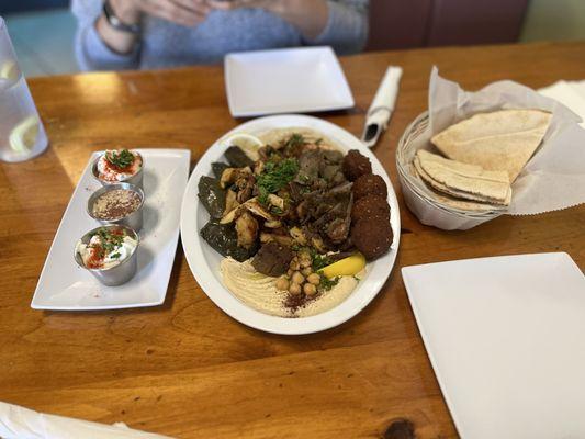 Combination for Two  Tzatziki/Tabouleh  Chicken/Gyro/Falafel/Grape Leaves  Baba Ghanoush  Hummus  Pita