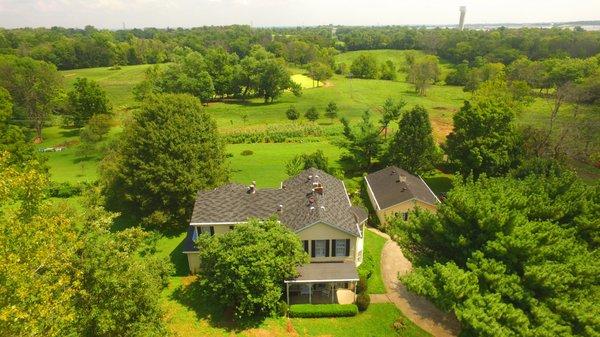 This drone shot offers a beautiful view of the acreage.