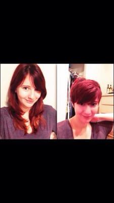 Took the plunge from long hair to pixie, so adorable! Red hair color and pixie haircut. Hair by Sharon 805-478-8864